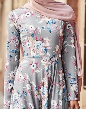 Gray Floral Maxi Dress with Pink & Blue Accents